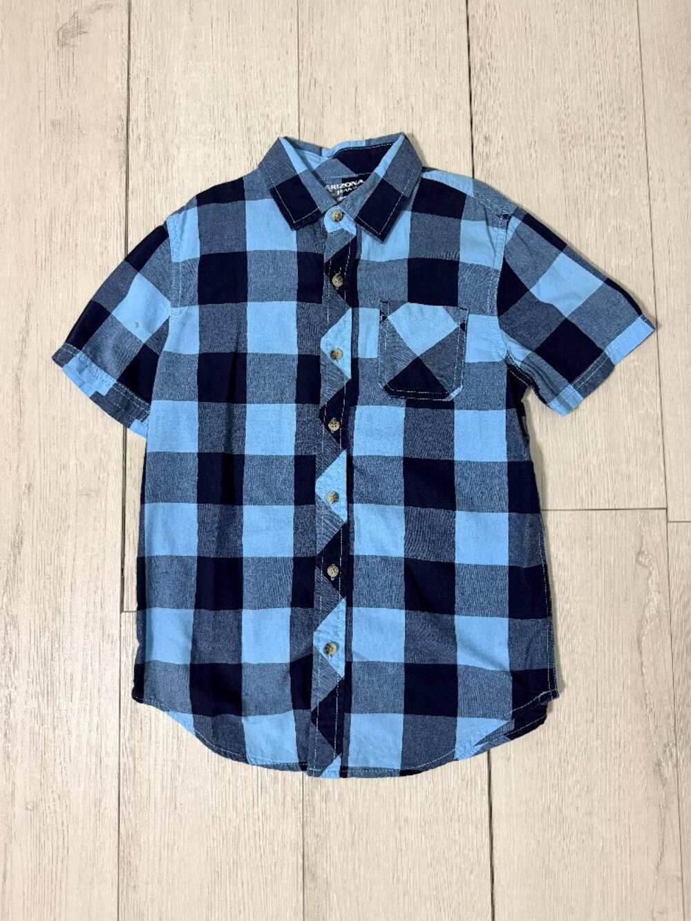 Arizona Jean Co. Boys Button Down Shirt Blue Buffalo Plaid Size Medium 10/12